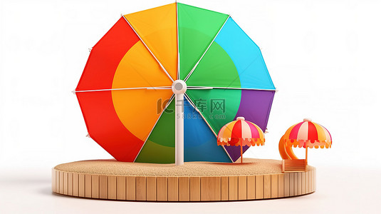 阳光明媚的海滩场景 3d 渲染木板，白色背景上带有彩色雨伞沙滩球和救生圈
