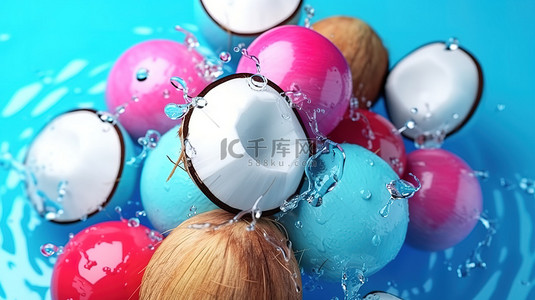 3D 渲染中蓝色表面排列的彩色椰子球和椰子水