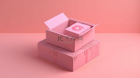 用硬纸板材料呈现的充满活力的粉红色包装背景上令人惊叹的 3d 包裹盒