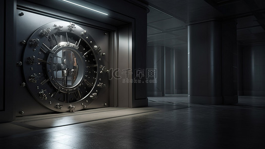 金库门背景图片_带有 3d 渲染的银行金库门的安全房间内部