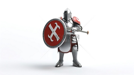 剑插盾牌背景图片_一个孤独的骑士在白色背景下展示他的剑和盾牌的 3D 插图