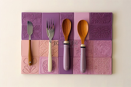 紫色图案的厨房餐具和壁挂