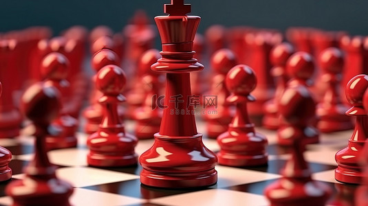 胜利的红色棋子展示了 3D 渲染竞争中的领导力和胜利