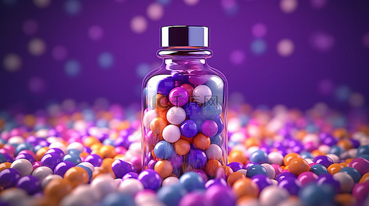 紫色背景，带有彩色球体和悬浮药瓶 3D 渲染