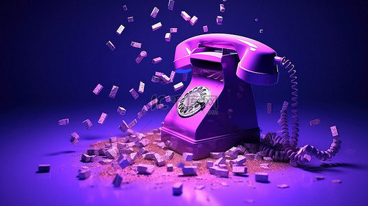 充满活力的紫色霓虹灯 3D 渲染中破碎的固定电话
