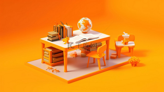 橙色背景下的 3D 教科书和学习桌教育的视觉表示