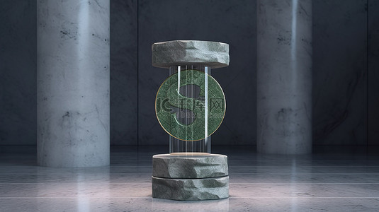 由玻璃制成的欧洲货币符号，硬币放在石柱上，非常适合金融和经济成分 3D 渲染
