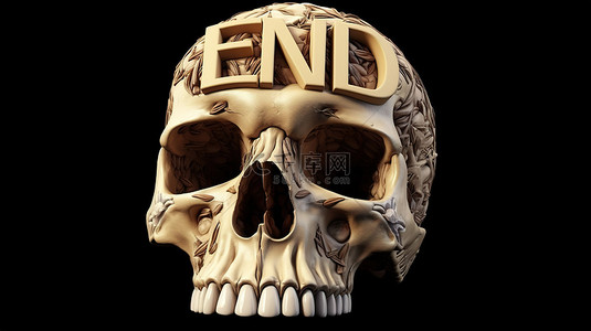 严峻的刻字 3D 渲染的头骨字体拼写“结束”