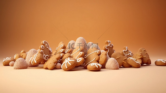 圣诞节食物背景图片_圣诞节米色背景上的节日 3d 姜饼饼干