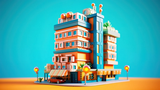 蓝色背景上的异想天开的玩具，如酒店塔楼 3D 插图