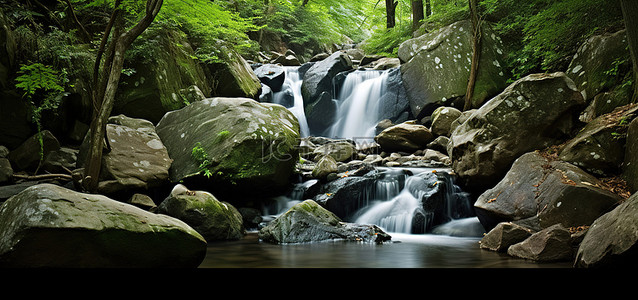 水和树叶背景图片_瀑布流经茂密的岩石和树叶森林