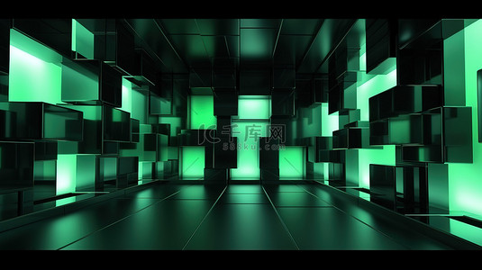 黑色建筑背景背景图片_3D 渲染插图抽象建筑背景黑色和绿色面板