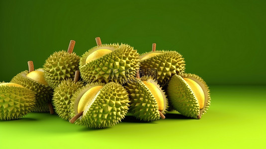健康绿色新鲜背景图片_绿色背景下孤立榴莲果的迷人 3D 渲染
