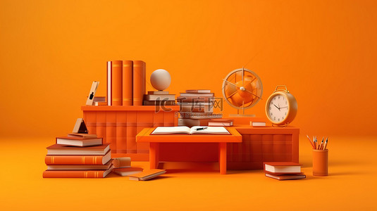 充满活力的橙色背景上的学校场景 3D 书和书桌