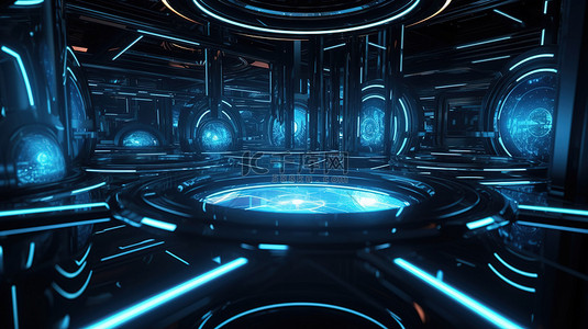 游戏场景背景图片_发光的蓝色未来主义抽象黑暗背景场景以 3d 呈现用于广告
