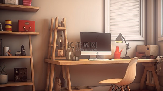 配有电脑用品和装饰品的高效家庭办公空间的 3d 插图