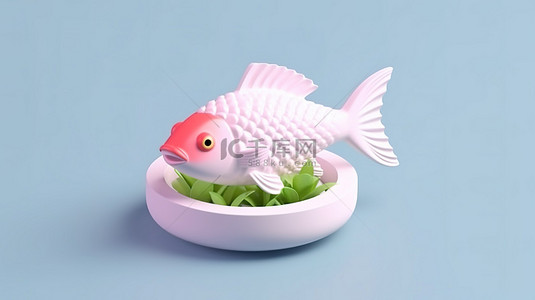 带有等距鱼缸的 3D 图标中的平面白色和粉色家居用品