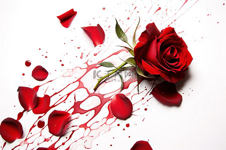 玫瑰飘落花瓣背景图片_白色背景上的一朵红玫瑰，几片花瓣飘落