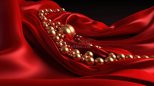 丝绸背景图片_华丽的 3D 渲染红色缎面面料与金色珍珠，打造奢华的背景纹理