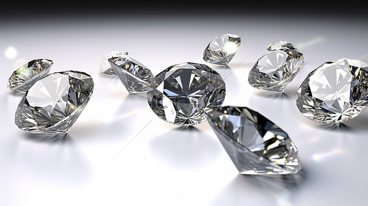白色背景上令人惊叹的钻石阵列，迷人的 3D 水晶宝石