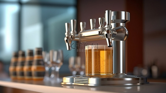 带分配器和手柄的金属啤酒塔 酒吧设备的 3D 插图