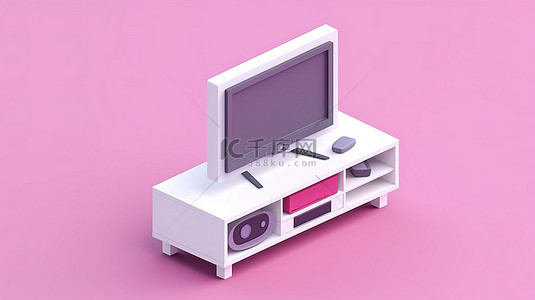 粉色室内设计背景图片_等距视图中平面白色和粉色家居装饰物品中单个白色电视柜的 3D 图标