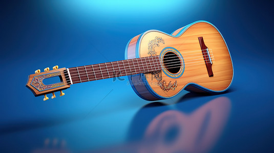 蓝色背景与古典原声吉他的 3D 渲染