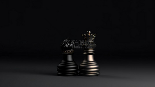 黑色背景上 3D 渲染的黑色国王和王后棋子