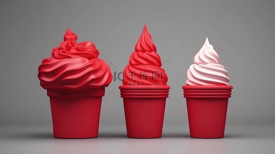 单色实心红色塑料风格糖果冰淇淋和蛋糕的 3D 图标
