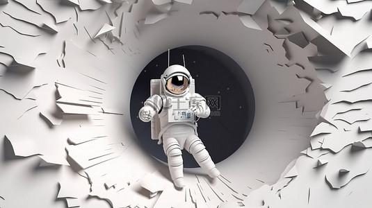 3D 渲染的纸宇航员和宇宙飞船在白洞背景艺术作品中