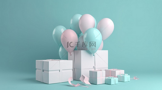 蓝色恋爱背景图片_柔和的气球装饰着 3d 蓝色背景中的白色礼盒