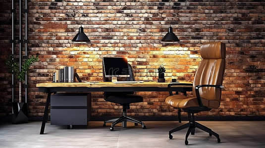 电脑椅背景图片_现代工作空间，配有时尚的电脑和皮椅，靠在砖墙 3D 渲染上