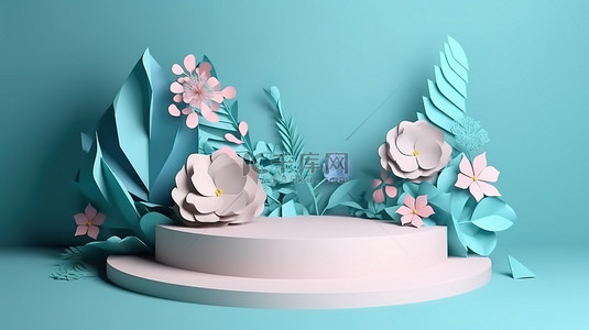 风格化的叶子背景图片_装饰有 3d 花朵和叶子的纸艺风格讲台，用于产品展示
