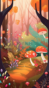 国风秋分背景图片_红色蘑菇彩色森林小路秋天卡通背景简单背景