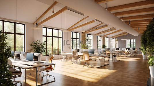 办公创意背景图片_3D 渲染的联合办公空间，开放式办公室的内部令人惊叹，配有共享办公桌