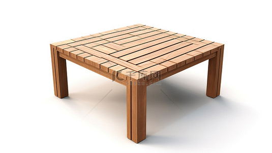 高回家背景图片_用于花园户外家具的木制咖啡桌，在白色背景下隔离，3D 渲染中包含剪切路径