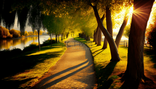 公园散步背景图片_公园夕阳小路湖边