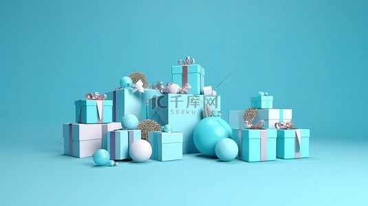 蓝色 3D 渲染中的装饰礼品盒和节日舞会
