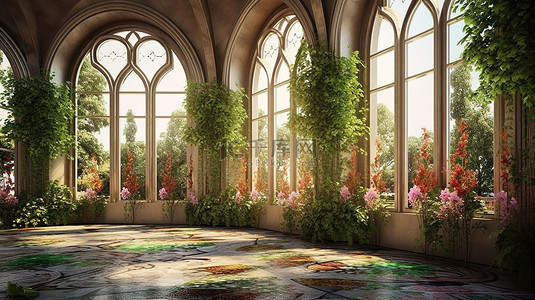 室内花园绿洲绿化和花朵在建筑物的彩色玻璃拱门内大量存在 3D 插图