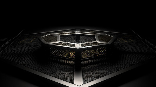 战斗冠军之夜 3D 渲染 MMA 八边形在黑色背景上照明