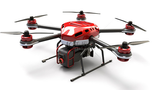 无人机多轴背景图片_白色背景隔离红色和灰色六轴飞行器的 3d 插图