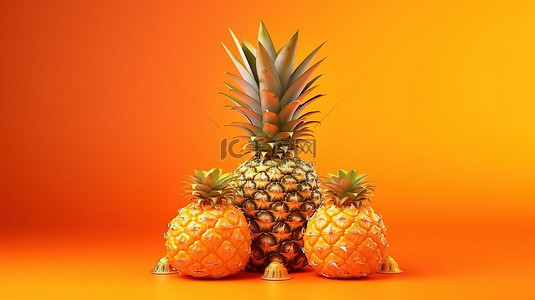 王子王冠背景图片_3D 渲染多汁营养菠萝，在充满活力的橙色背景上带有金色王冠