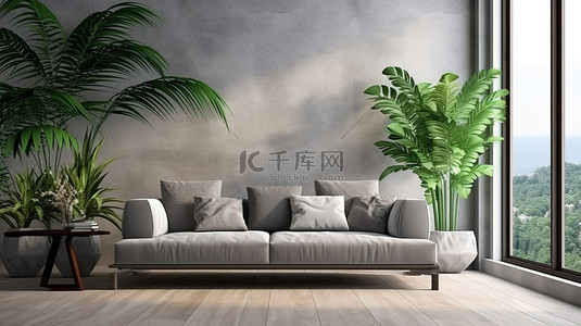 热带客厅中的豪华灰色沙发，3D 渲染的框架模型