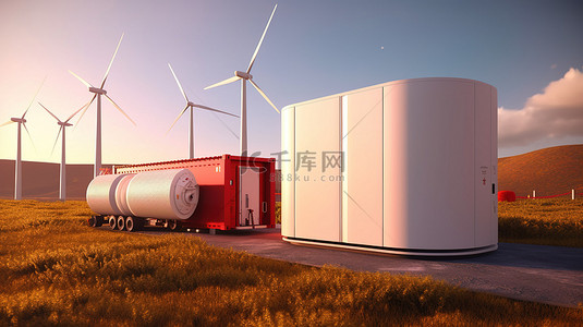 背景中具有太阳能电池板风力涡轮机和储能容器单元的氢储能储气罐的 3D 渲染