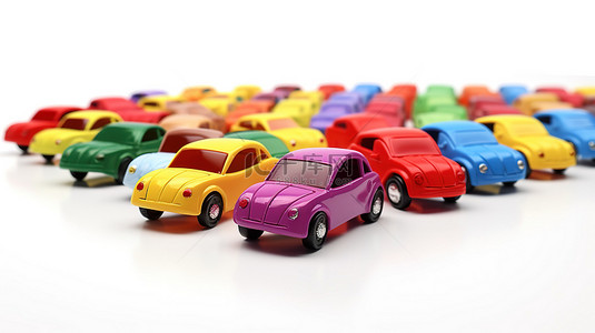 白色背景在 3D 渲染中展示了多彩多姿的卡通玩具车