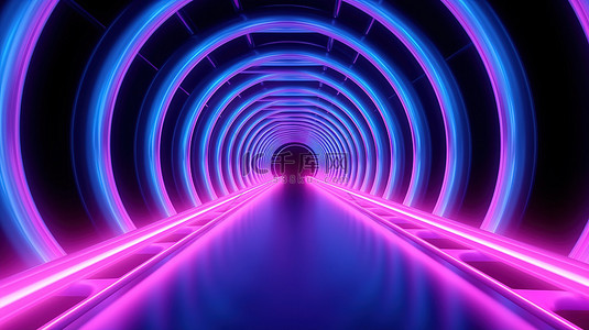 地下隧道中闪烁蓝色和粉色霓虹灯管的 3D 渲染