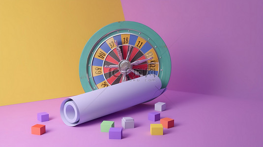 淡紫色背景，黄色和蓝色，展示 3d 轮盘赌和包含非常适合赌徒的优惠券的信封