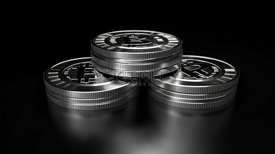 比特币符号浮雕在银币上，在 3D 渲染中隔离在黑色背景上