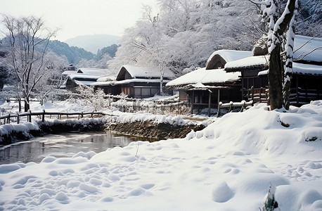 白雪覆盖的山村的乡村