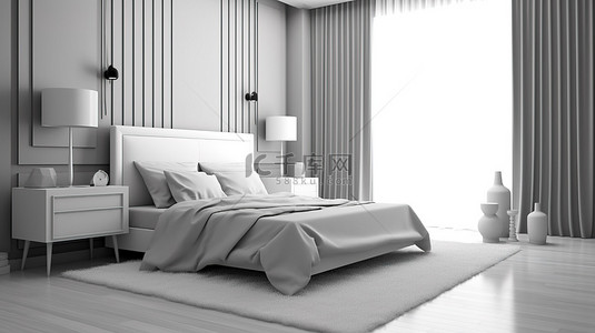 简约卧室配有一张双人床和单色风格 3D 渲染的时尚边桌